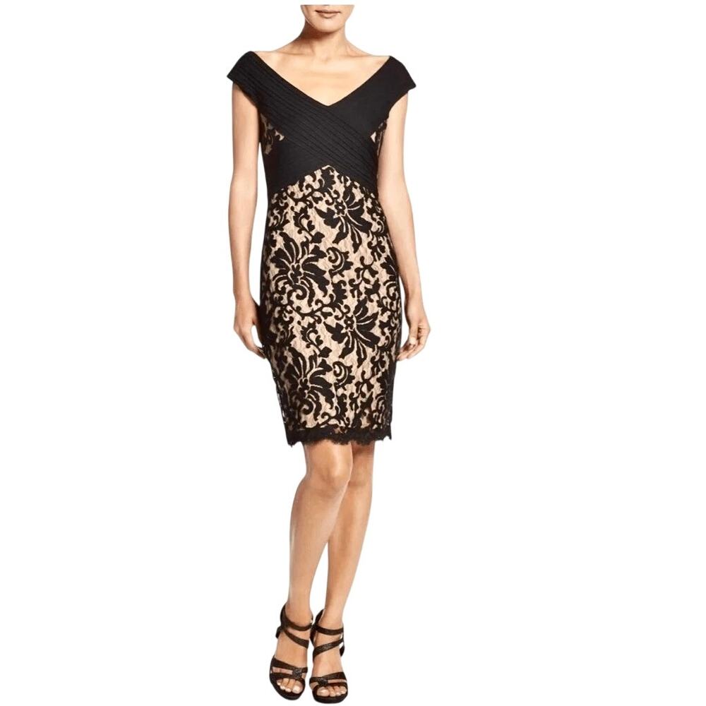 Tadashi Shoji Black Pleated Lace Bodycon Dress Vamp Goth Dark Feminine Glam